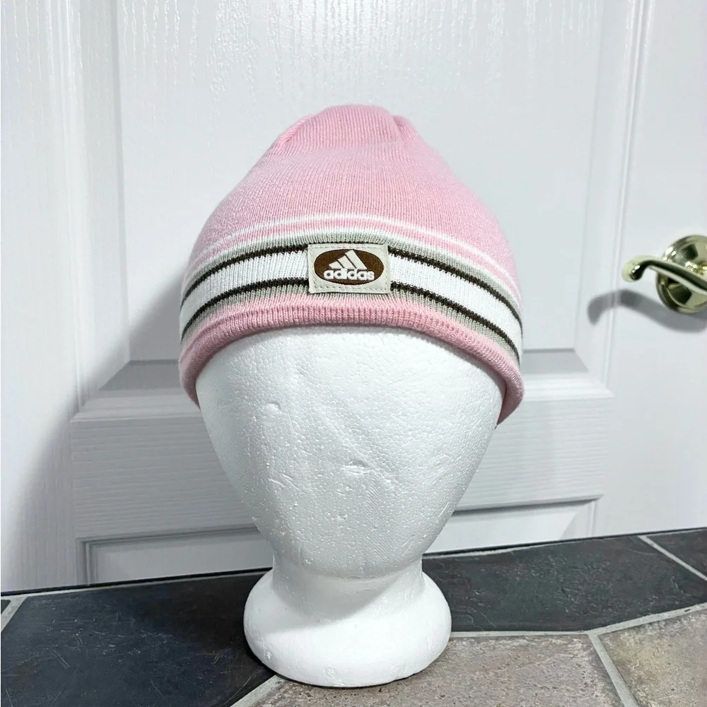 Y2K Adidas Reversible ClimaWarm Beanie Pink Brown White Stripes